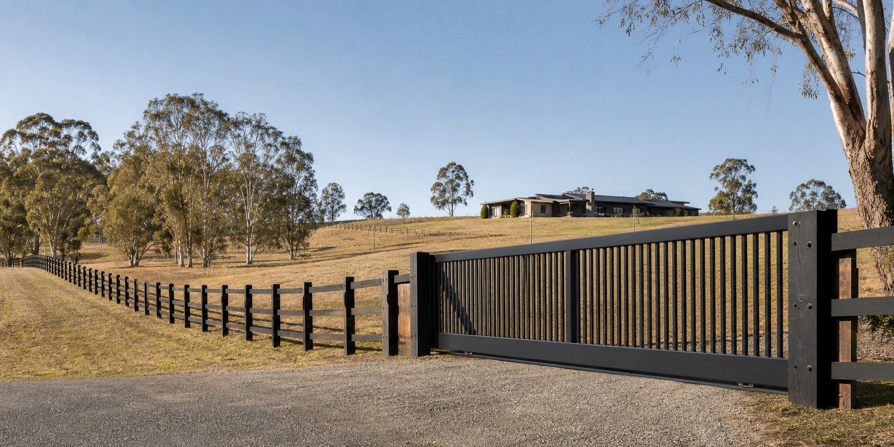 Black post-and-rail acreage fence and sliding gate