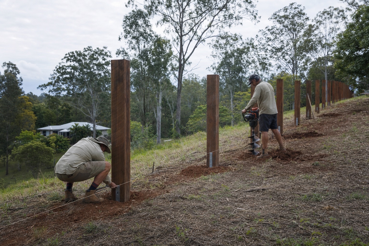 Hardwood fence posts being set out across a sloping site