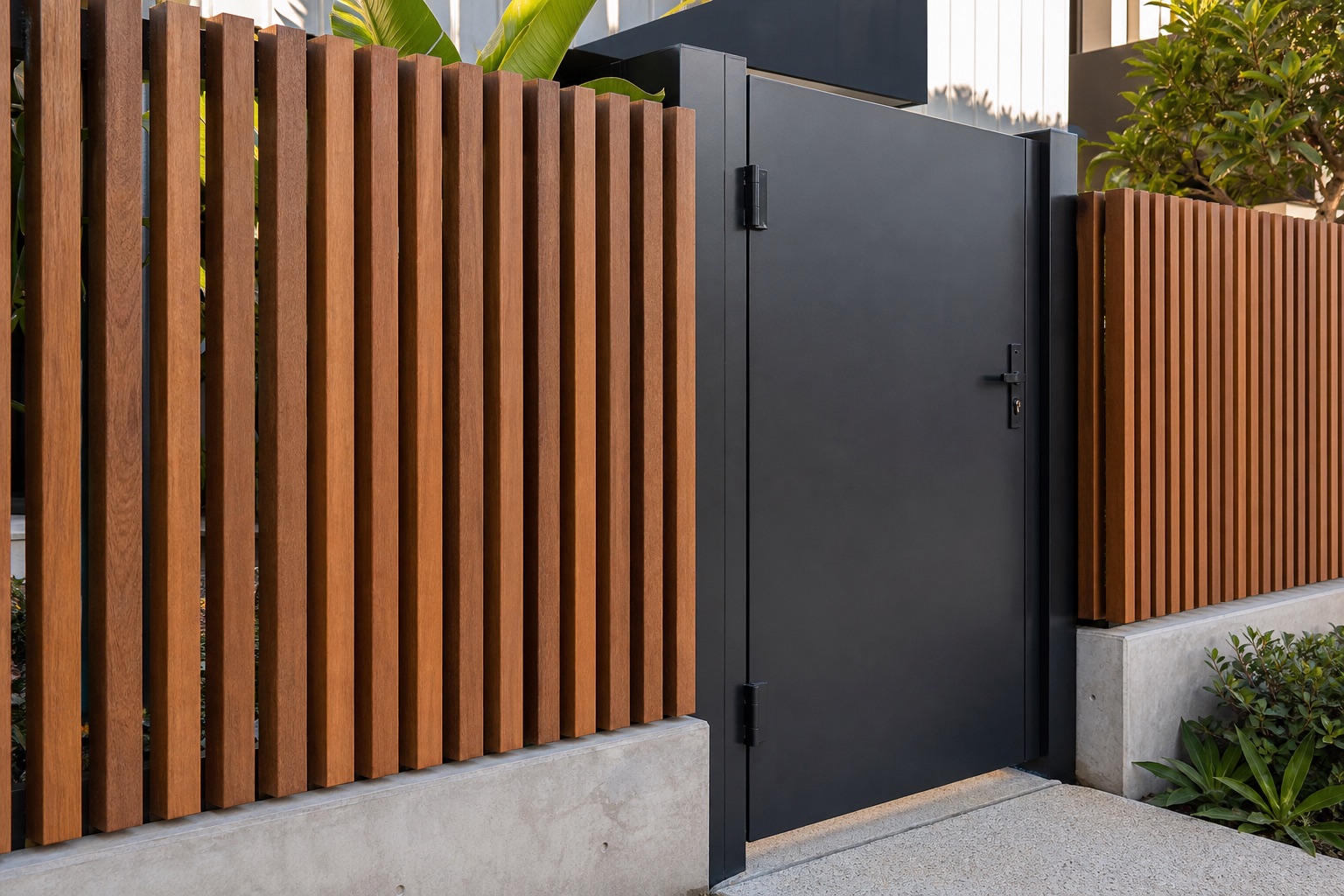 Hardwood batten fence meeting a charcoal steel pedestrian gate
